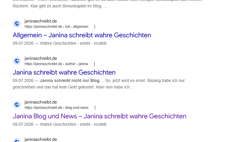 Die Site Abfrage - erste Seiten von Janinaschreibt.de sind nun im Google Index.