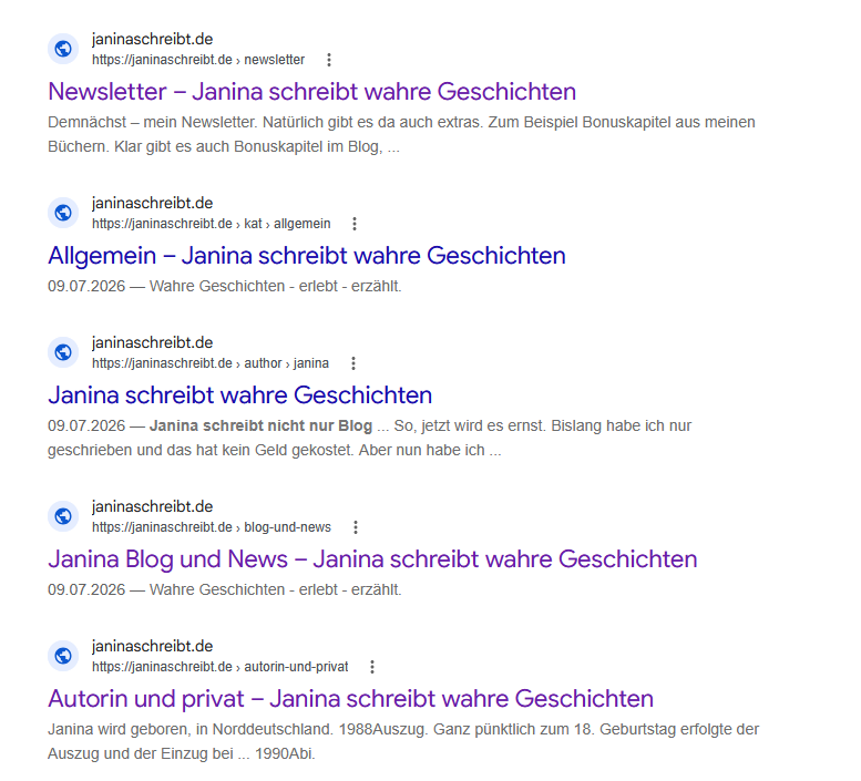 Die Site Abfrage - erste Seiten von Janinaschreibt.de sind nun im Google Index.